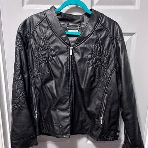 MBLM faux leather coat with black floral embroidery, hardly worn like new